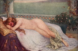 Nude Woman Reclining on Bed Postcard