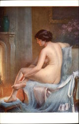 "After the Bath" - Nude Woman sitting in front of Fireplace Postcard