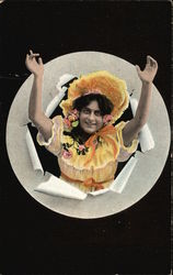 Woman in Yellow Bonnet & Flowers Popping through Paper Ring Postcard