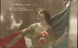 Woman Holding French Flag Postcard