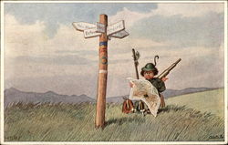 Traveler Reading a Map at the Cross-Roads Postcard