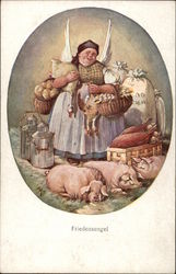 Peasant Woman with Farm Animals & Milk Tins Multiple Animals Postcard Postcard