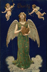 "Charity" - Angel holding Gold Heart with Cupids Hovering Overhead Postcard