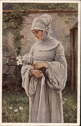 Woman in Gray holding White Lilies Postcard