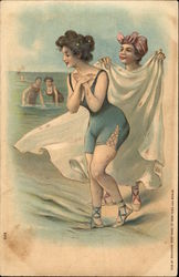 Women on the Beach in Vintage Swimwear Postcard Postcard