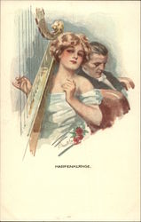 Woman Playing Harp for Man in Formal Attire Couples Postcard Postcard