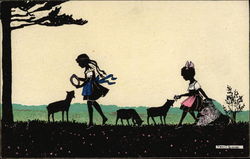 Silhouette of Girls & Lambs in a Meadow Postcard