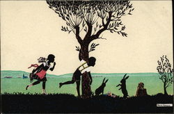 Silhouette of Children with Bunnies and Easter Eggs Silhouettes Postcard Postcard