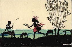 Two Girls Playing In A Field Silhouettes Postcard Postcard