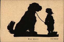 Silhouette of Boy with Large Dog on a Leash Postcard