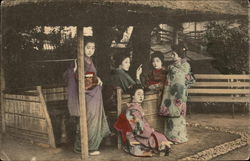 Five Geisha Girls Under Outdoor Hut Japan Asian Postcard Postcard