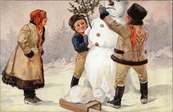 Christmas Greetings - With Family Building Snowman Snowmen Postcard Postcard