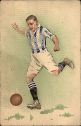 Man in Blue Sriped Shirt and White Shorts Kicks Soccer Ball Postcard Postcard