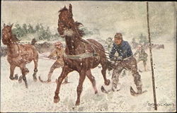 Men Snow Skiing behind Horses Postcard