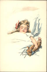 Young Girl Sleeping in Bed with Teddy Bear Postcard