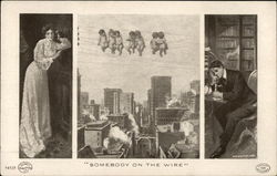 "Somebody on the Wire" - Couple Talking on Telephone with Cherubs on Wires Postcard