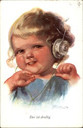 Der ist Drollig - Girl Listening to Radio Headset Postcard