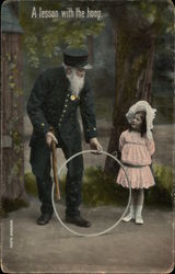 "A Lesson with the Hoop" - Old Man & Young Girl Postcard