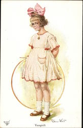 Girl in Large Pink Bow holding a Hoop Girls Postcard Postcard