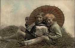 "Merry and Bright" - Children Sitting under Umbrella Postcard Postcard