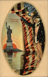 Picturesque America - Uncle Sam, American Flag, Statue of Liberty Postcard