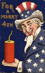 For a Merry 4th - Uncle Sam with Firecracker Postcard