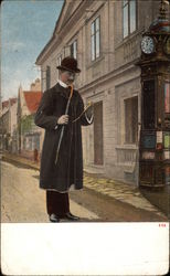 Man Checking his Pocket Watch beside a large Street Clock Postcard