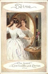 Woman in White Gown & Pearls Gazing into Mirror Postcard