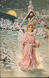 Angel in Pink walking on Snow in the Moonlight Postcard