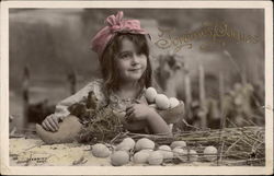 Happy Easter with Young Girl & Eggs With Children Postcard Postcard