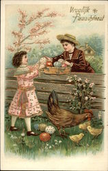 Boy & Girl Standing at Fence with Easter Eggs and Chickens With Children Postcard Postcard