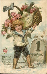 Happy New Year - Boy Carrying Basket of Champagne & Flowers Postcard