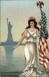 Woman dressed as Lady Liberty in front of the Statue of Liberty Patriotic Postcard Postcard