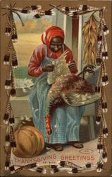 Thanksgiving Greetings with Black Woman Plucking Turkey Postcard