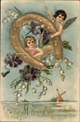 A Happy New Year with Cherubs Holding Gold Horseshoe Postcard