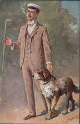 Man Walking With His Dog Men Postcard Postcard