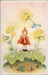 Red Caped Girl standing among Yellow Flowers and Garden Creatures Girls Postcard Postcard