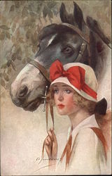 Woman in Hat with Red Bow holding Horse Reins Women Postcard Postcard