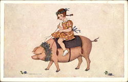 Young Girl Riding a Pig Postcard