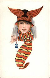 Woman in WInged Hat Holding Tiny Policeman Ornament Postcard