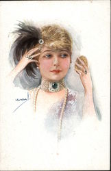 Jewelled Woman Gazing in Hand Mirror Postcard