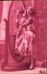 Woman in Patterned Dress holding Fan in Mirror Women Postcard Postcard