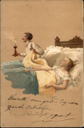 Couple in Bed - Man Blowing Out Candle Couples Postcard Postcard