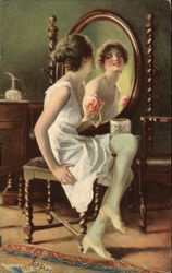 "Mirror, Mirror on the Wall" - Woman Gazing into Vanity Mirror Postcard