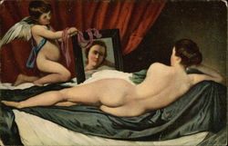 "Venus and Amor" - Nude Woman Gazing in Mirror Held by Cherub Risque & Nude Postcard Postcard