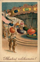 Happy Easter! With Bunnies Riding Eggs at a Carnival Postcard Postcard