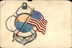 Life-Ring, Anchor, American Flag, and View of the Ocean Patriotic Postcard Postcard