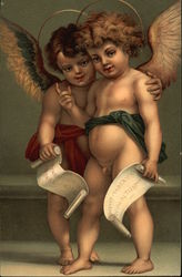 "Two Angels" with Halos & Scrolls Postcard