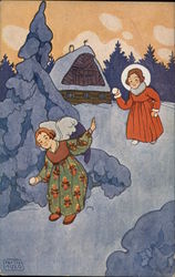 A Girl Throwing Snowballs with an Angel Postcard