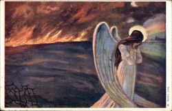 "Angel of Peace" - Angel Weeping with Fire Raging in Background Angels Postcard Postcard